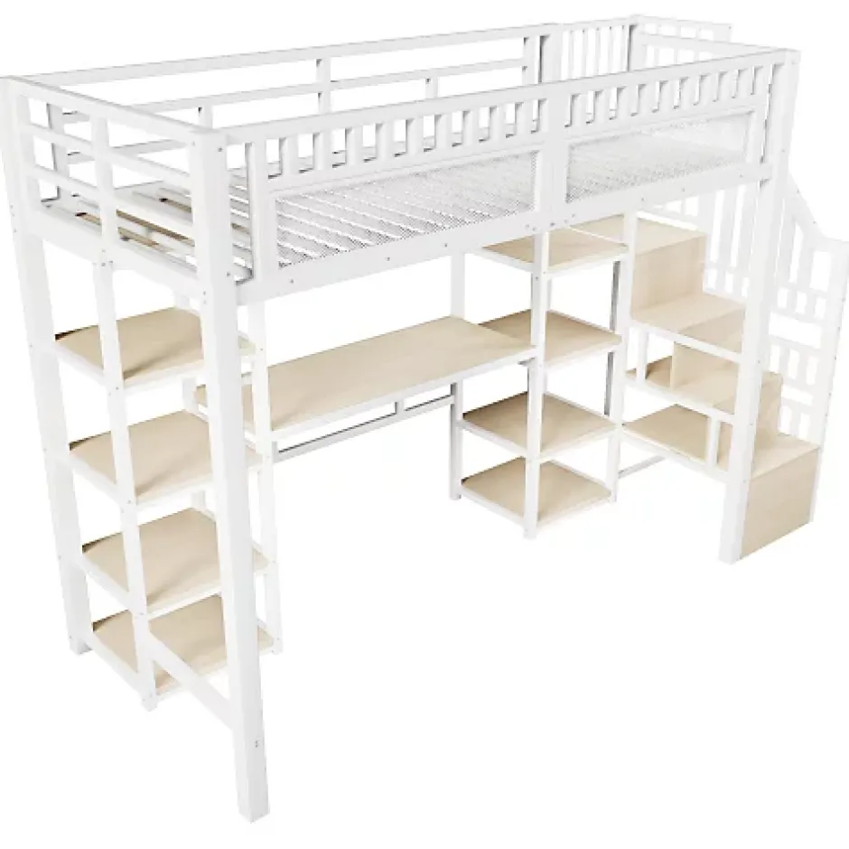 ModernLuxe Lit mezzanine 90x200cm - structure en fer - échelle de rangement - bureau - LED - USB - blanc (matelas non inclus) Hot