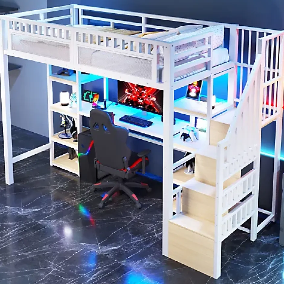 ModernLuxe Lit mezzanine 90x200cm - structure en fer - échelle de rangement - bureau - LED - USB - blanc (matelas non inclus) Hot