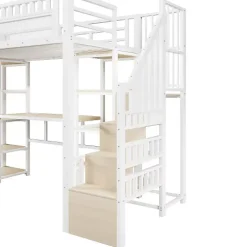 ModernLuxe Lit mezzanine 90x200cm - structure en fer - échelle de rangement - bureau - LED - USB - blanc (matelas non inclus) Hot