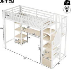 ModernLuxe Lit mezzanine 90x200cm - structure en fer - échelle de rangement - bureau - LED - USB - blanc (matelas non inclus) Hot