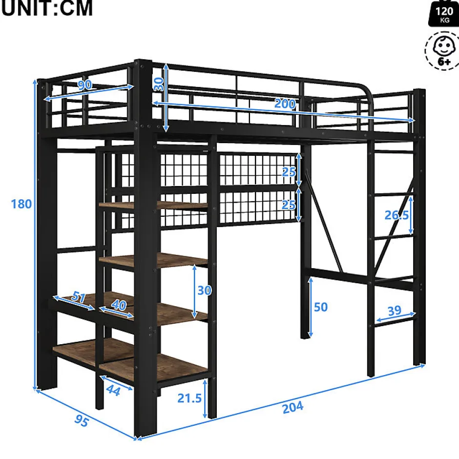 ModernLuxe Lit mezzanine 90x200cm - structure en fer - rangements - éclairage LED - noir (matelas non inclus) Sale
