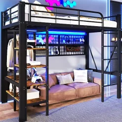 ModernLuxe Lit mezzanine 90x200cm - structure en fer - rangements - éclairage LED - noir (matelas non inclus) Sale