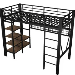 ModernLuxe Lit mezzanine 90x200cm - structure en fer - rangements - éclairage LED - noir (matelas non inclus) Sale