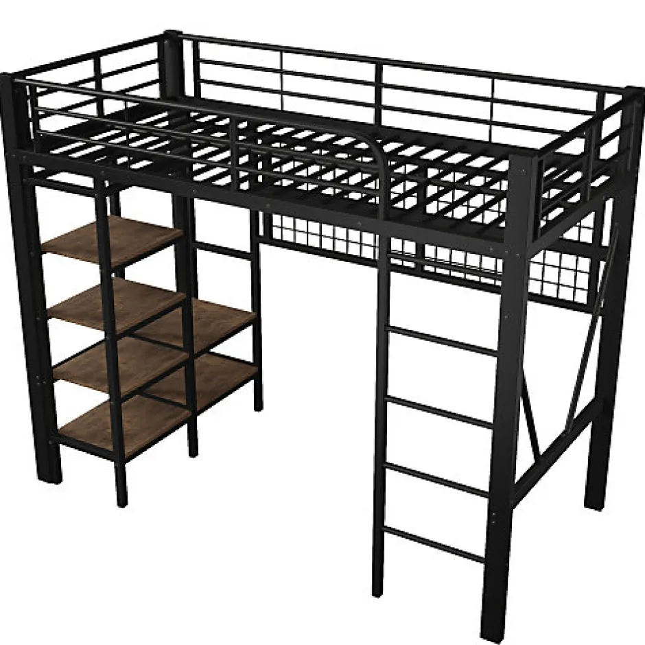 ModernLuxe Lit mezzanine 90x200cm - structure en fer - rangements - éclairage LED - noir (matelas non inclus) Sale