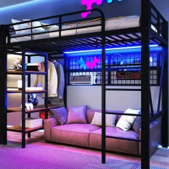 ModernLuxe Lit mezzanine 90x200cm - structure en fer - rangements - éclairage LED - noir (matelas non inclus) Sale