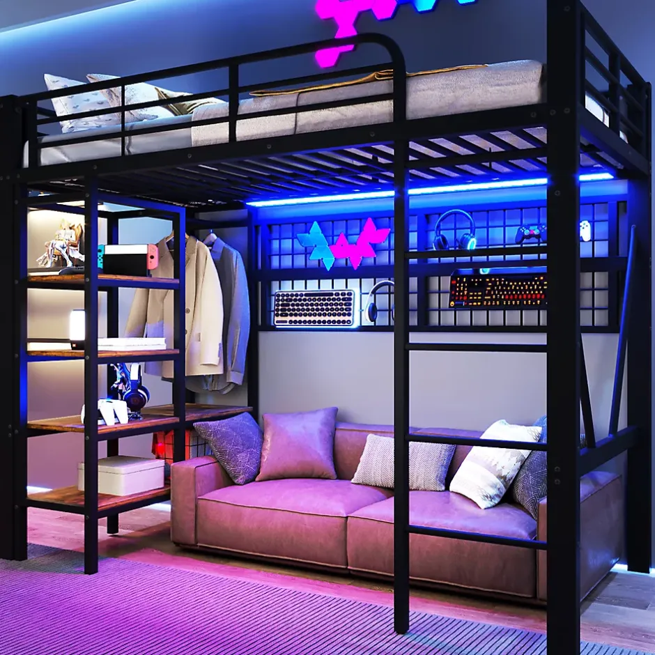 ModernLuxe Lit mezzanine 90x200cm - structure en fer - rangements - éclairage LED - noir (matelas non inclus) Sale