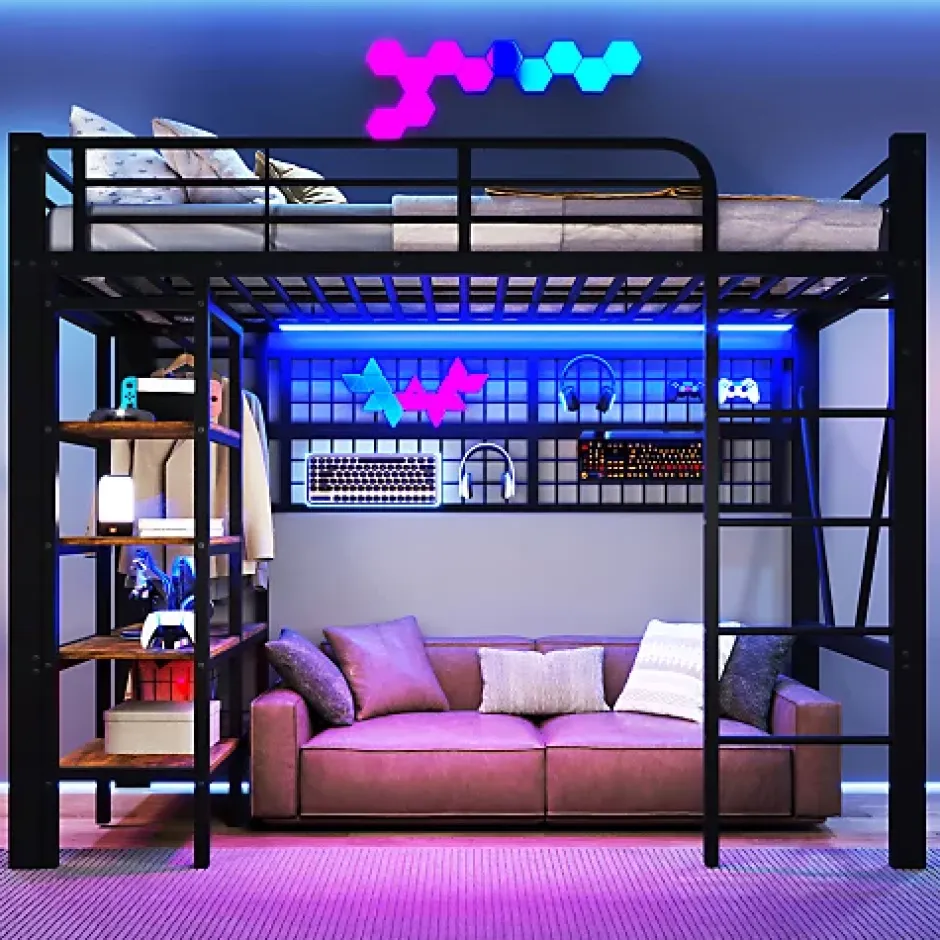 ModernLuxe Lit mezzanine 90x200cm - structure en fer - rangements - éclairage LED - noir (matelas non inclus) Sale