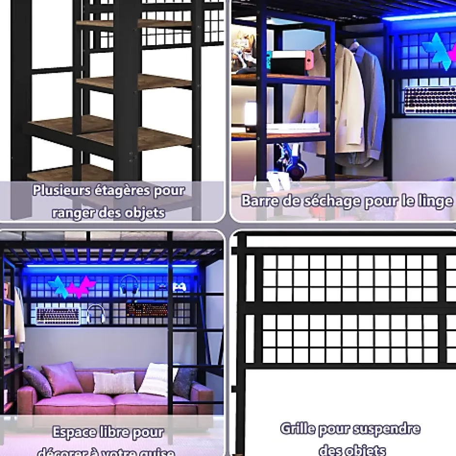 ModernLuxe Lit mezzanine 90x200cm - structure en fer - rangements - éclairage LED - noir (matelas non inclus) Sale