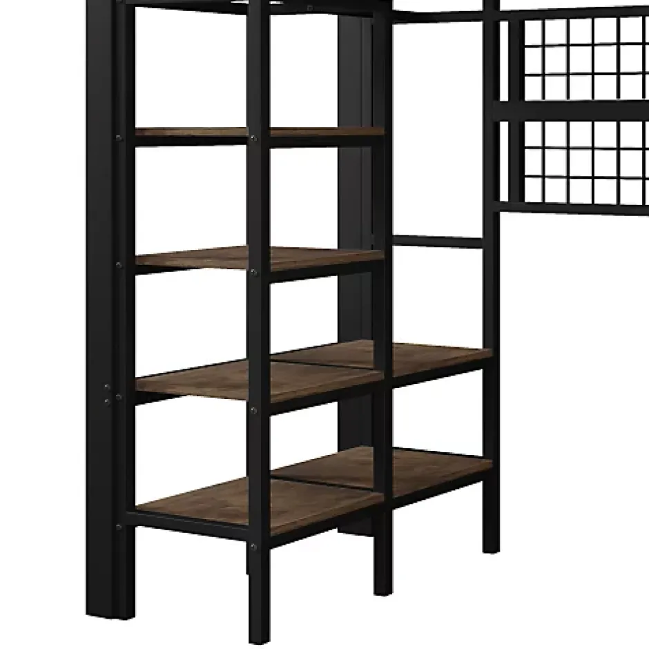 ModernLuxe Lit mezzanine 90x200cm - structure en fer - rangements - éclairage LED - noir (matelas non inclus) Sale