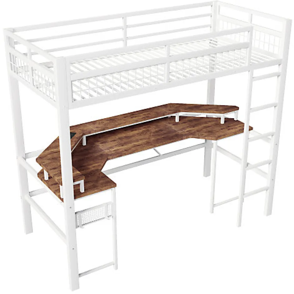 ModernLuxe Lit mezzanine 90x200cm - structure en fer - bureau intégré - LED - USB et prise - blanc (matelas non inclus)