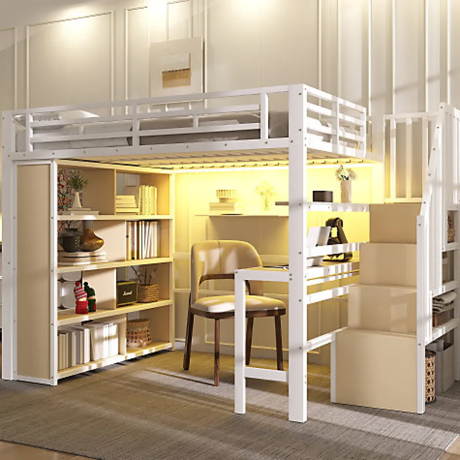 ModernLuxe Lit mezzanine 140x200cm - structure en fer - bureau - rangements - LED - escalier - blanc (matelas non inclus)