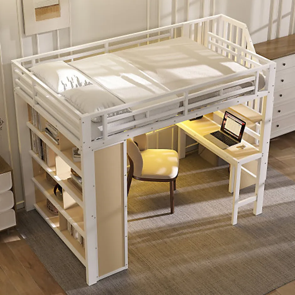 ModernLuxe Lit mezzanine 140x200cm - structure en fer - bureau - rangements - LED - escalier - blanc (matelas non inclus)