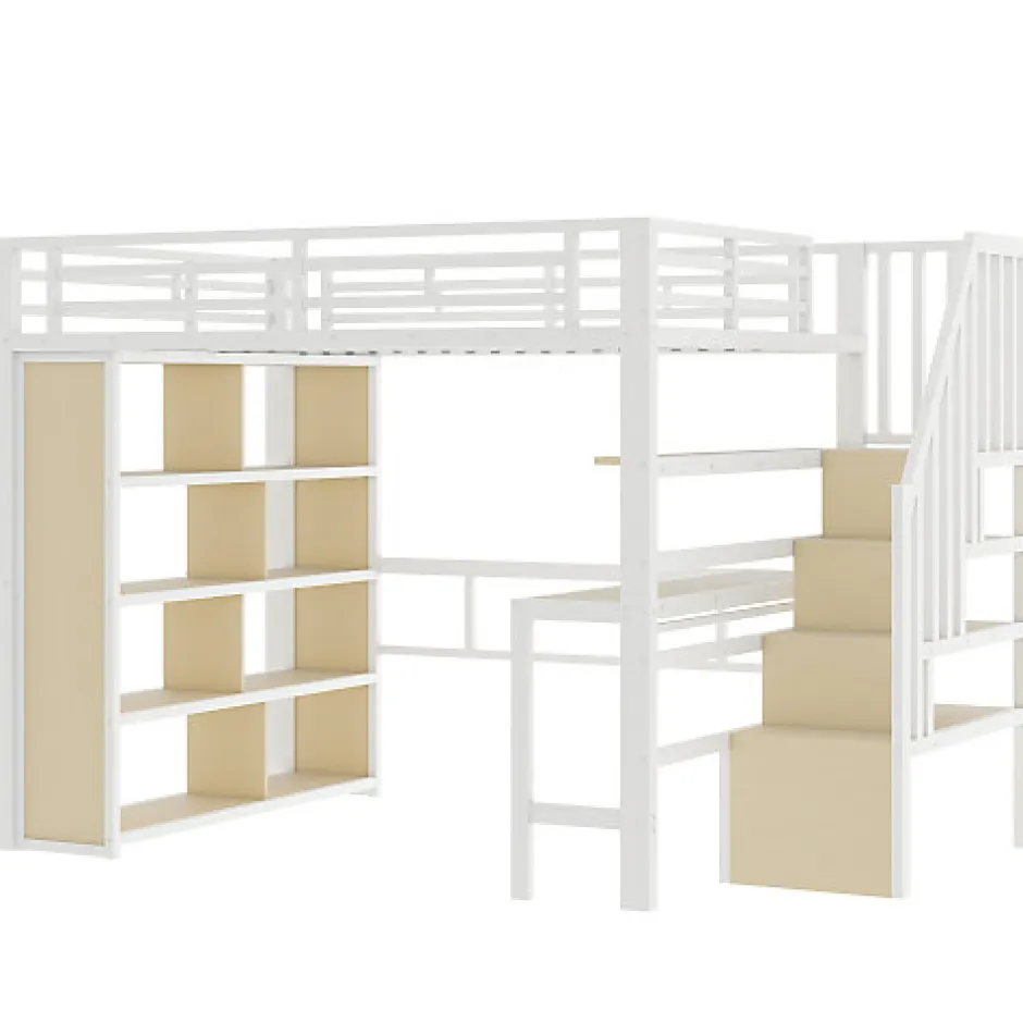 ModernLuxe Lit mezzanine 140x200cm - structure en fer - bureau - rangements - LED - escalier - blanc (matelas non inclus)