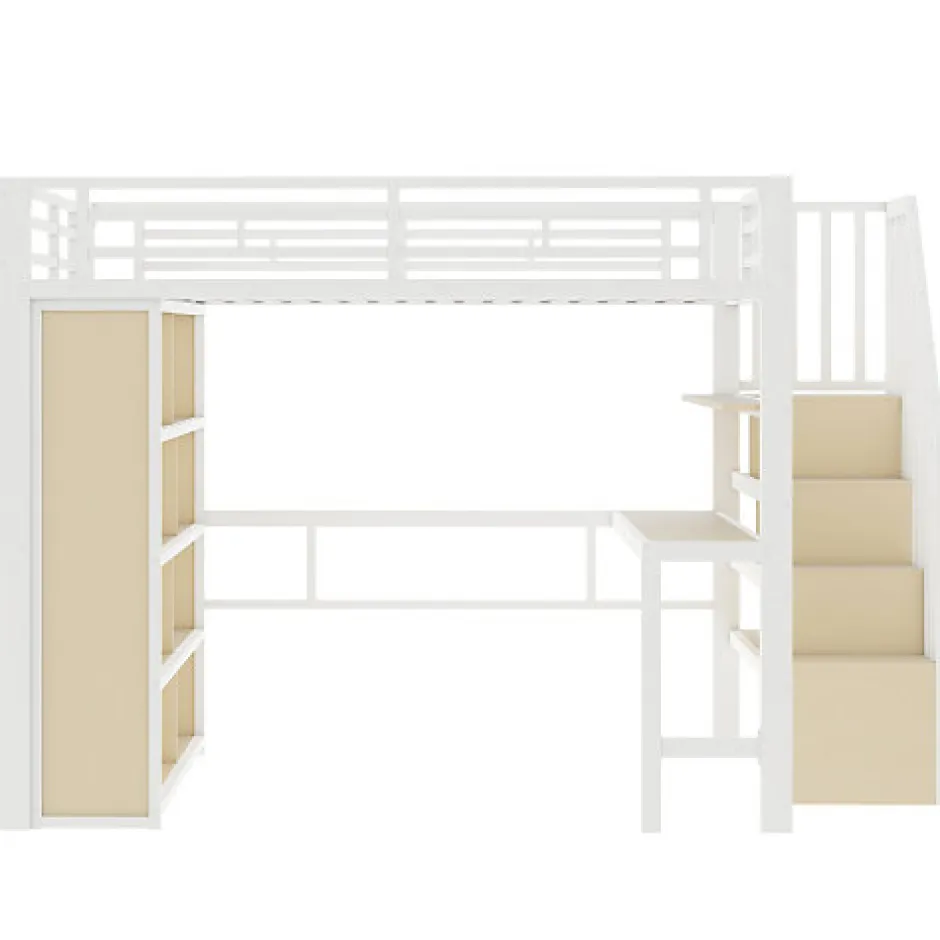ModernLuxe Lit mezzanine 140x200cm - structure en fer - bureau - rangements - LED - escalier - blanc (matelas non inclus)