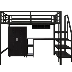Enfant Blackcolors Lit Mezzanine 140X200Cm Armoire Bureau Noir