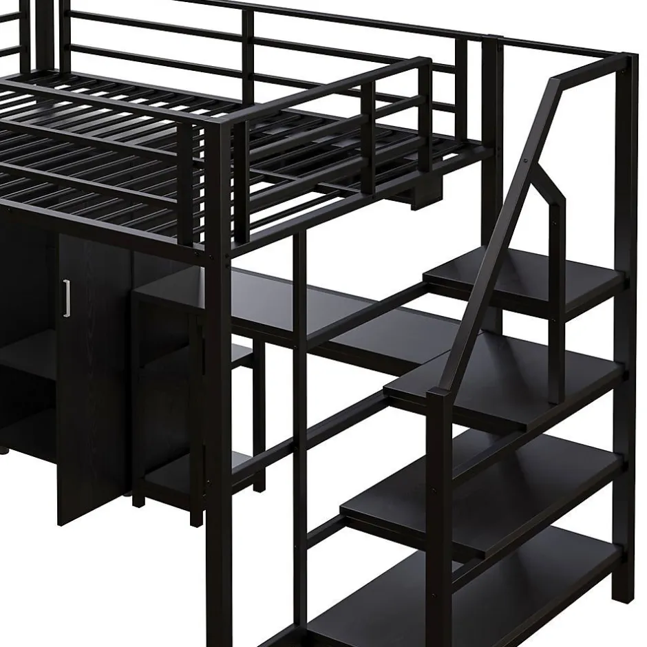 Enfant Blackcolors Lit Mezzanine 140X200Cm Armoire Bureau Noir