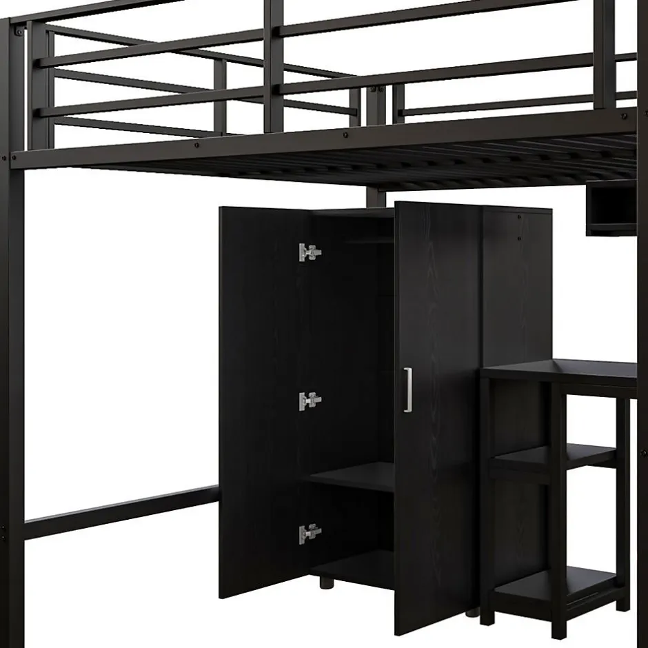 Enfant Blackcolors Lit Mezzanine 140X200Cm Armoire Bureau Noir