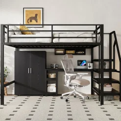 Enfant Blackcolors Lit Mezzanine 140X200Cm Armoire Bureau Noir