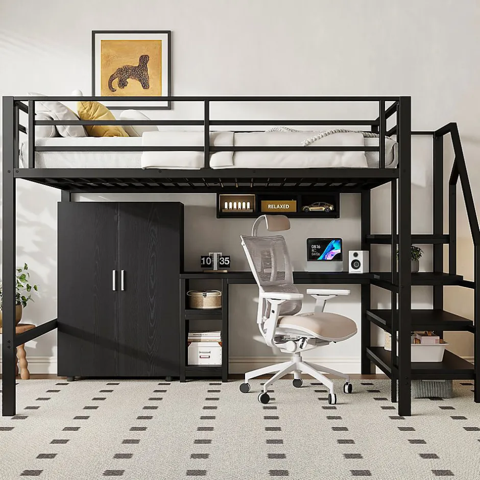 Enfant Blackcolors Lit Mezzanine 140X200Cm Armoire Bureau Noir