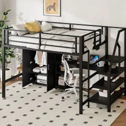 Enfant Blackcolors Lit Mezzanine 140X200Cm Armoire Bureau Noir