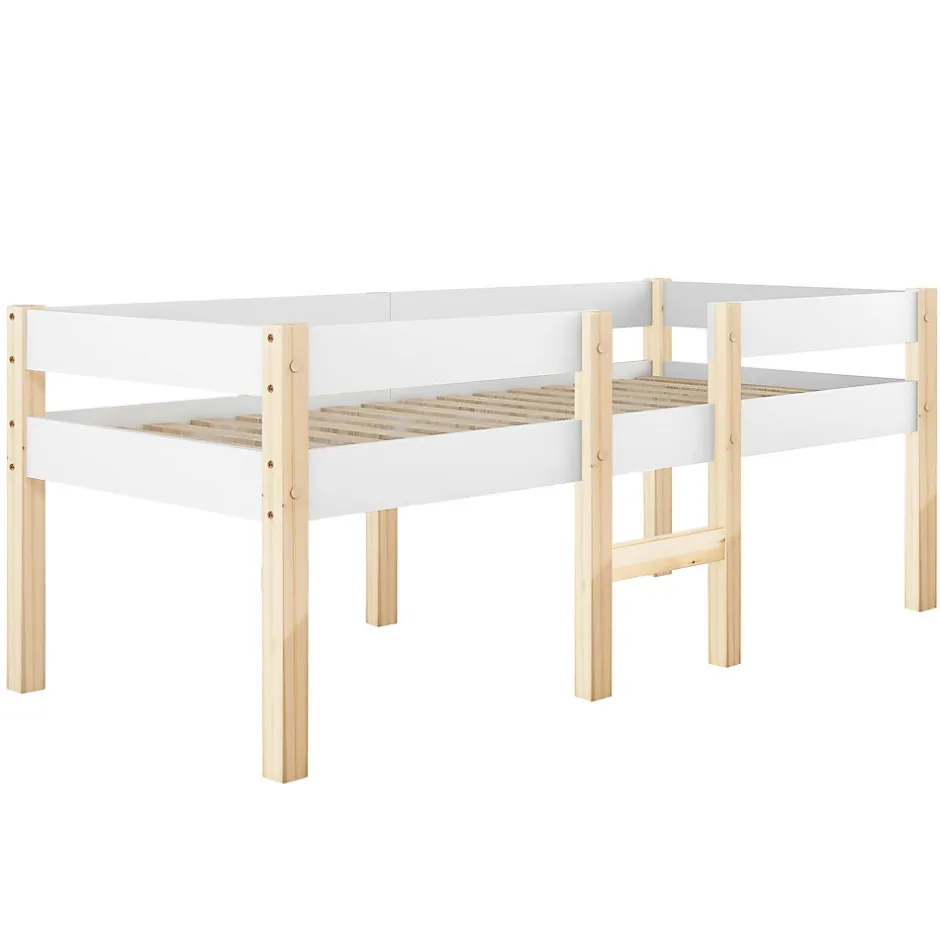 ModernLuxe Lit mezzanine 90x200cm avec barrières de sécurité - en bois de pin massif - Blanc