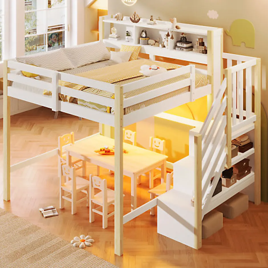 ModernLuxe Lit mezzanine 140x200cm avec LED - avec échelle de rangement - compartiments de rangement - Blanc + Naturel (sans matelas)