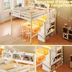ModernLuxe Lit mezzanine 140x200cm avec LED - avec échelle de rangement - compartiments de rangement - Blanc + Naturel (sans matelas)
