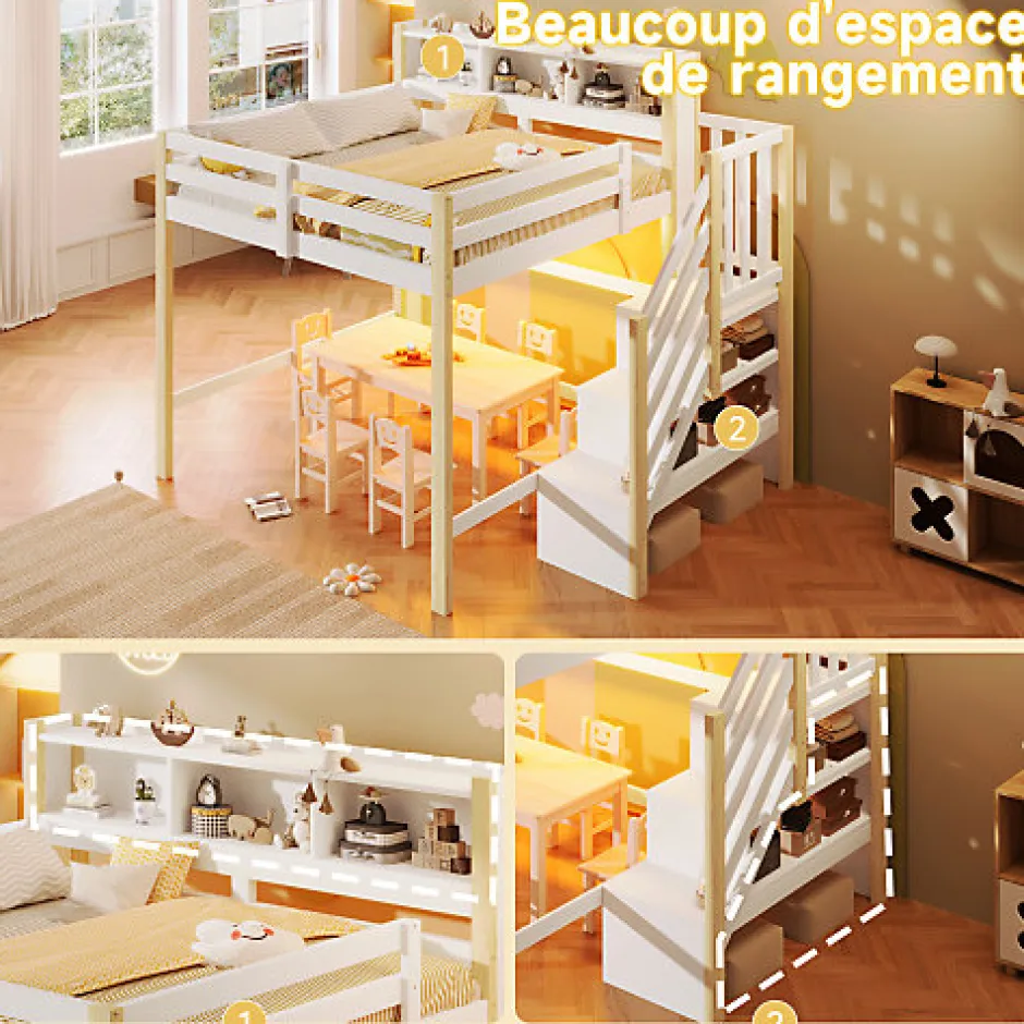 ModernLuxe Lit mezzanine 140x200cm avec LED - avec échelle de rangement - compartiments de rangement - Blanc + Naturel (sans matelas)