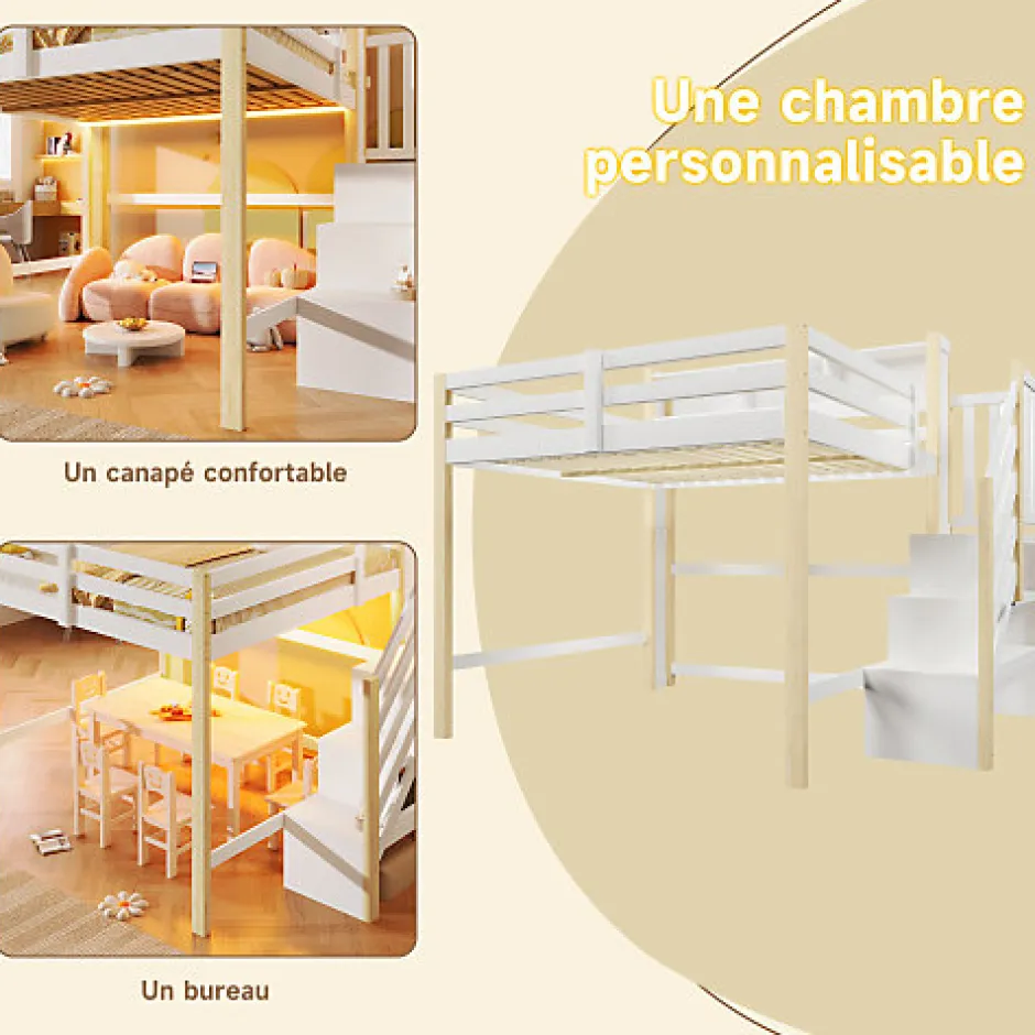 ModernLuxe Lit mezzanine 140x200cm avec LED - avec échelle de rangement - compartiments de rangement - Blanc + Naturel (sans matelas)