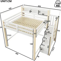 ModernLuxe Lit mezzanine 140x200cm avec LED - avec échelle de rangement - compartiments de rangement - Blanc + Naturel (sans matelas)