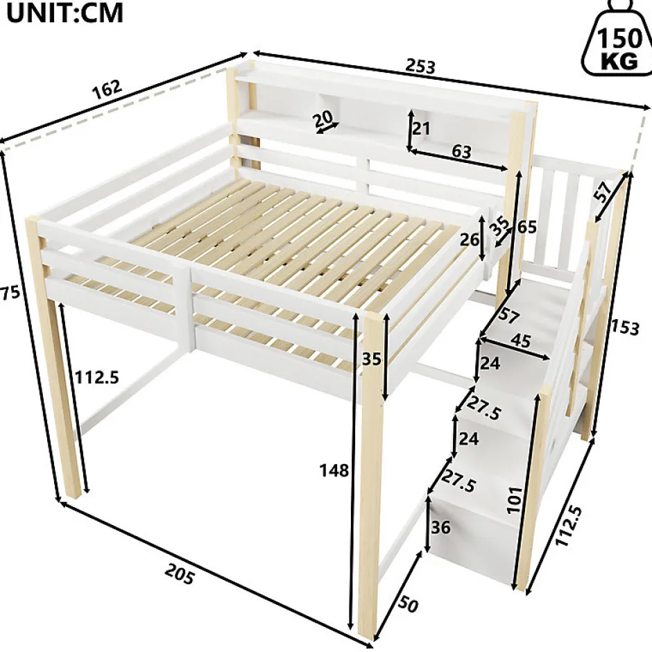 ModernLuxe Lit mezzanine 140x200cm avec LED - avec échelle de rangement - compartiments de rangement - Blanc + Naturel (sans matelas)