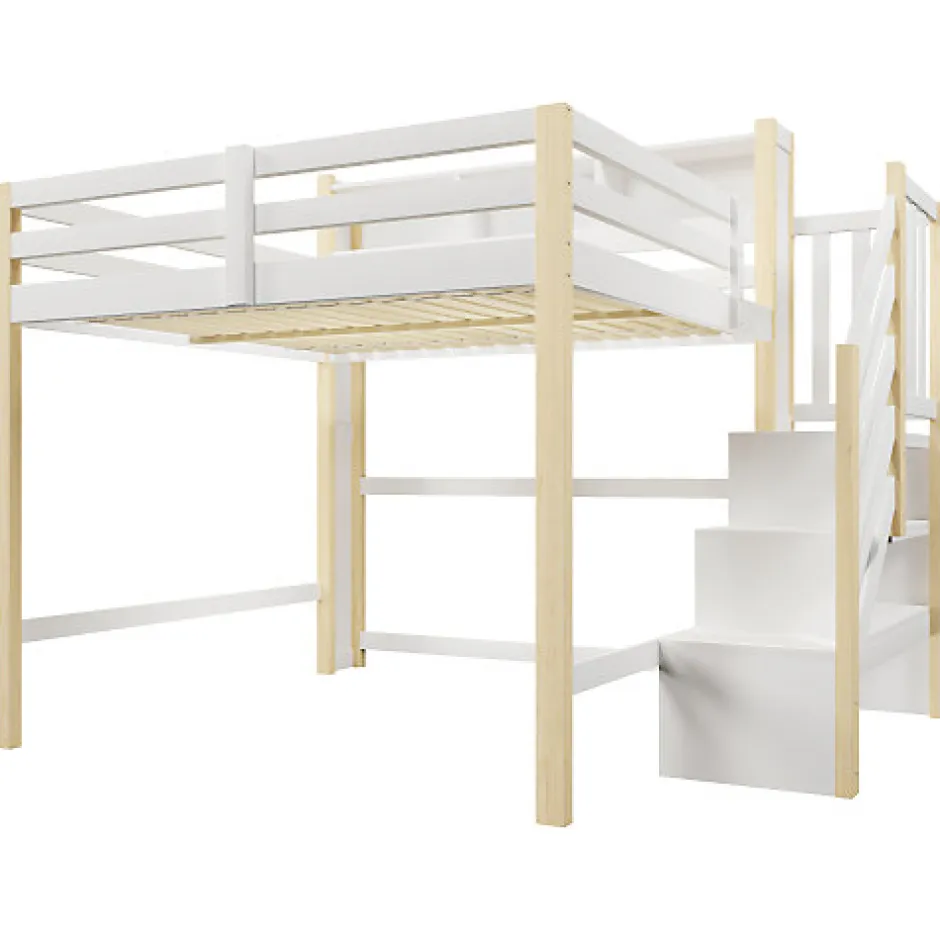 ModernLuxe Lit mezzanine 140x200cm avec LED - avec échelle de rangement - compartiments de rangement - Blanc + Naturel (sans matelas)
