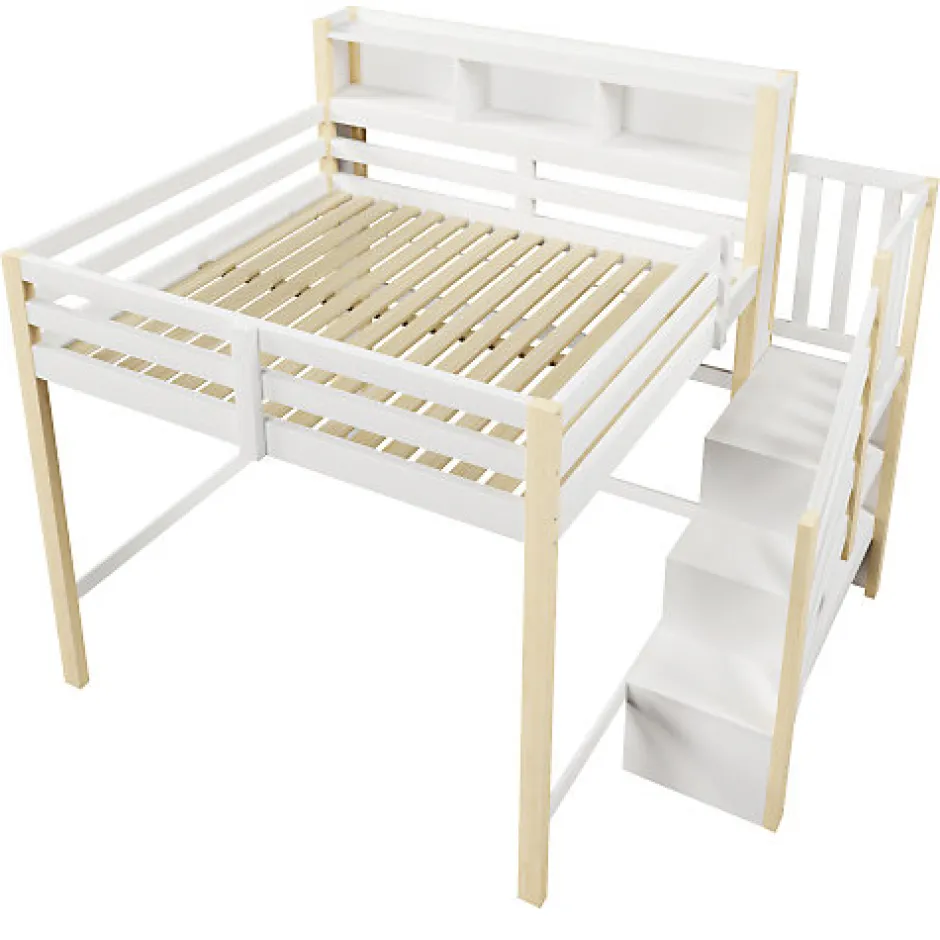 ModernLuxe Lit mezzanine 140x200cm avec LED - avec échelle de rangement - compartiments de rangement - Blanc + Naturel (sans matelas)