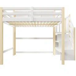ModernLuxe Lit mezzanine 140x200cm avec LED - avec échelle de rangement - compartiments de rangement - Blanc + Naturel (sans matelas)