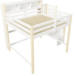 ModernLuxe Lit mezzanine 140x200cm avec LED - avec échelle de rangement - compartiments de rangement - Blanc + Naturel (sans matelas)
