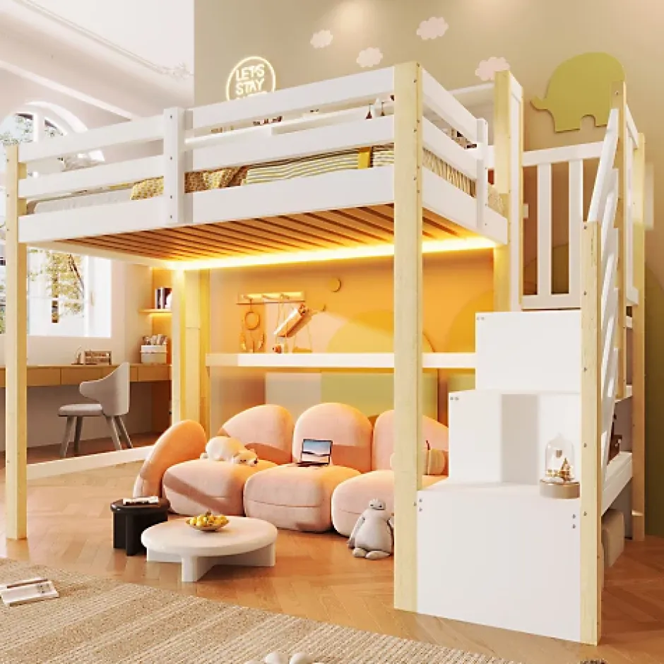 ModernLuxe Lit mezzanine 90x200cm avec LED - avec échelle de rangement - compartiments de rangement - Blanc + Naturel (sans matelas) Best