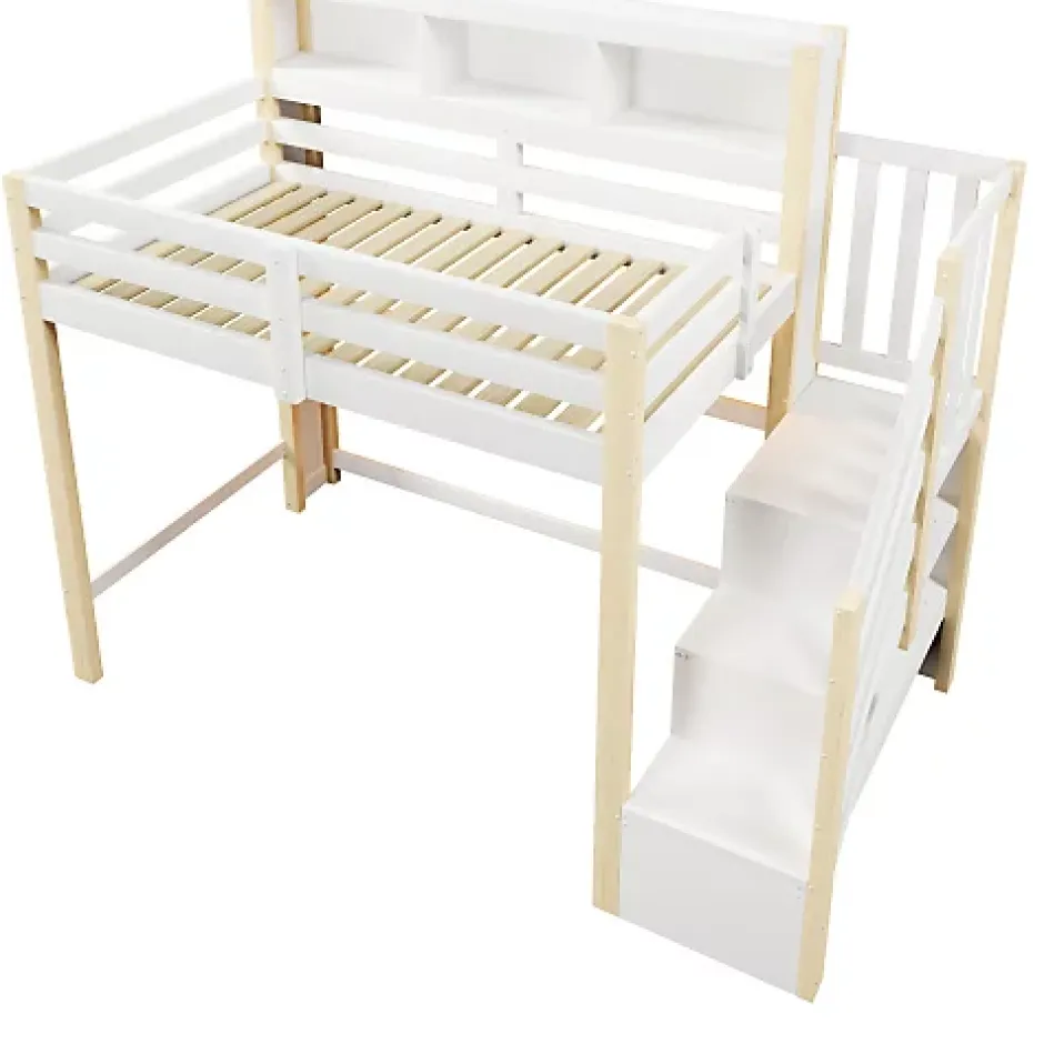 ModernLuxe Lit mezzanine 90x200cm avec LED - avec échelle de rangement - compartiments de rangement - Blanc + Naturel (sans matelas) Best