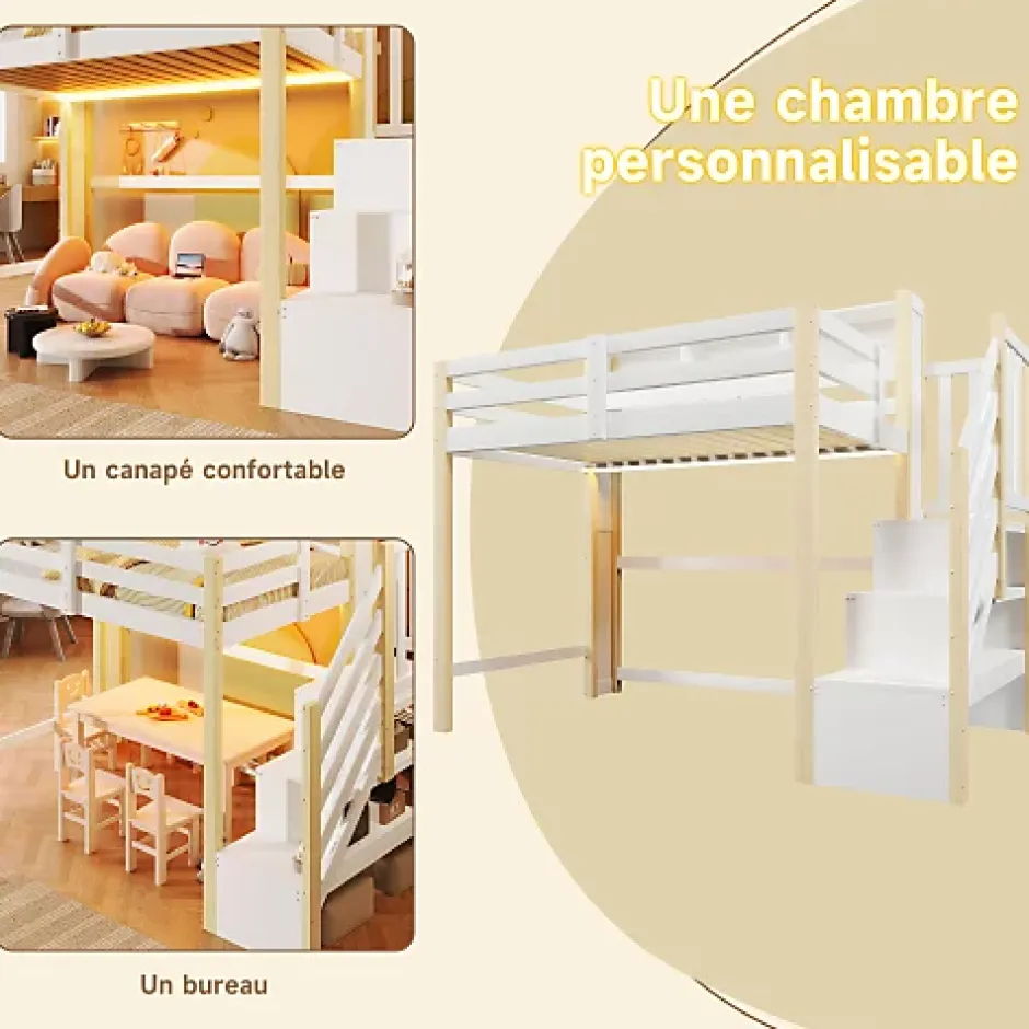 ModernLuxe Lit mezzanine 90x200cm avec LED - avec échelle de rangement - compartiments de rangement - Blanc + Naturel (sans matelas) Best