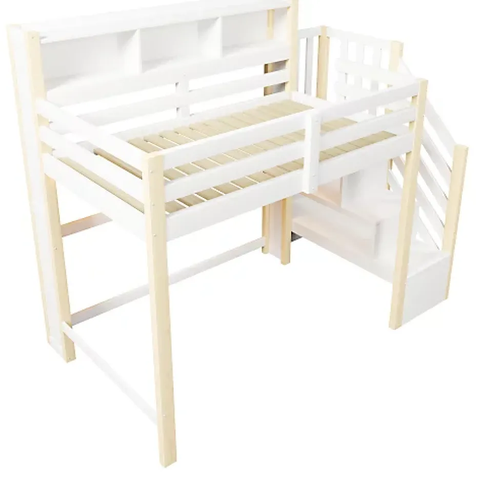 ModernLuxe Lit mezzanine 90x200cm avec LED - avec échelle de rangement - compartiments de rangement - Blanc + Naturel (sans matelas) Best