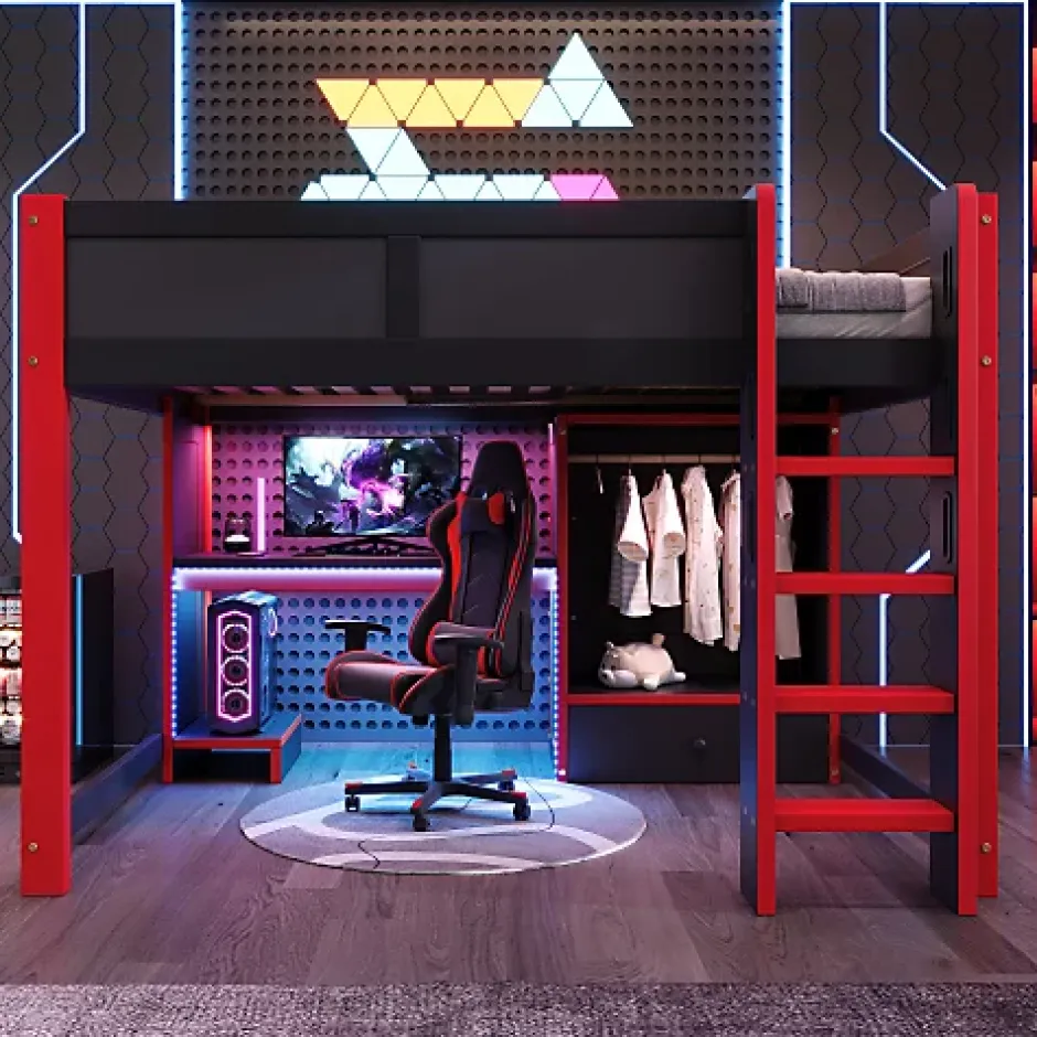 ModernLuxe Lit mezzanine 140x200cm avec LED - avec bureau - avec échelle et armoire - avec 1 tiroir - noir + rouge (matelas non inclus) Outlet