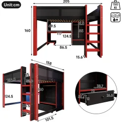 ModernLuxe Lit mezzanine 140x200cm avec LED - avec bureau - avec échelle et armoire - avec 1 tiroir - noir + rouge (matelas non inclus) Outlet
