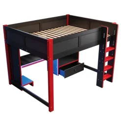 ModernLuxe Lit mezzanine 140x200cm avec LED - avec bureau - avec échelle et armoire - avec 1 tiroir - noir + rouge (matelas non inclus) Outlet