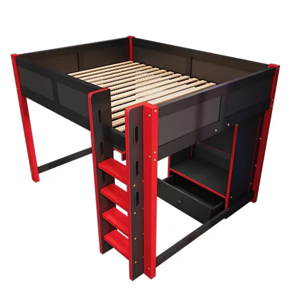 ModernLuxe Lit mezzanine 140x200cm avec LED - avec bureau - avec échelle et armoire - avec 1 tiroir - noir + rouge (matelas non inclus) Outlet