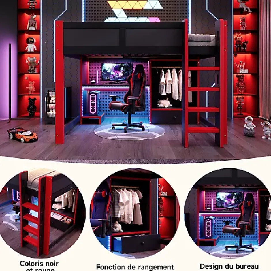 ModernLuxe Lit mezzanine 140x200cm avec LED - avec bureau - avec échelle et armoire - avec 1 tiroir - noir + rouge (matelas non inclus) Outlet