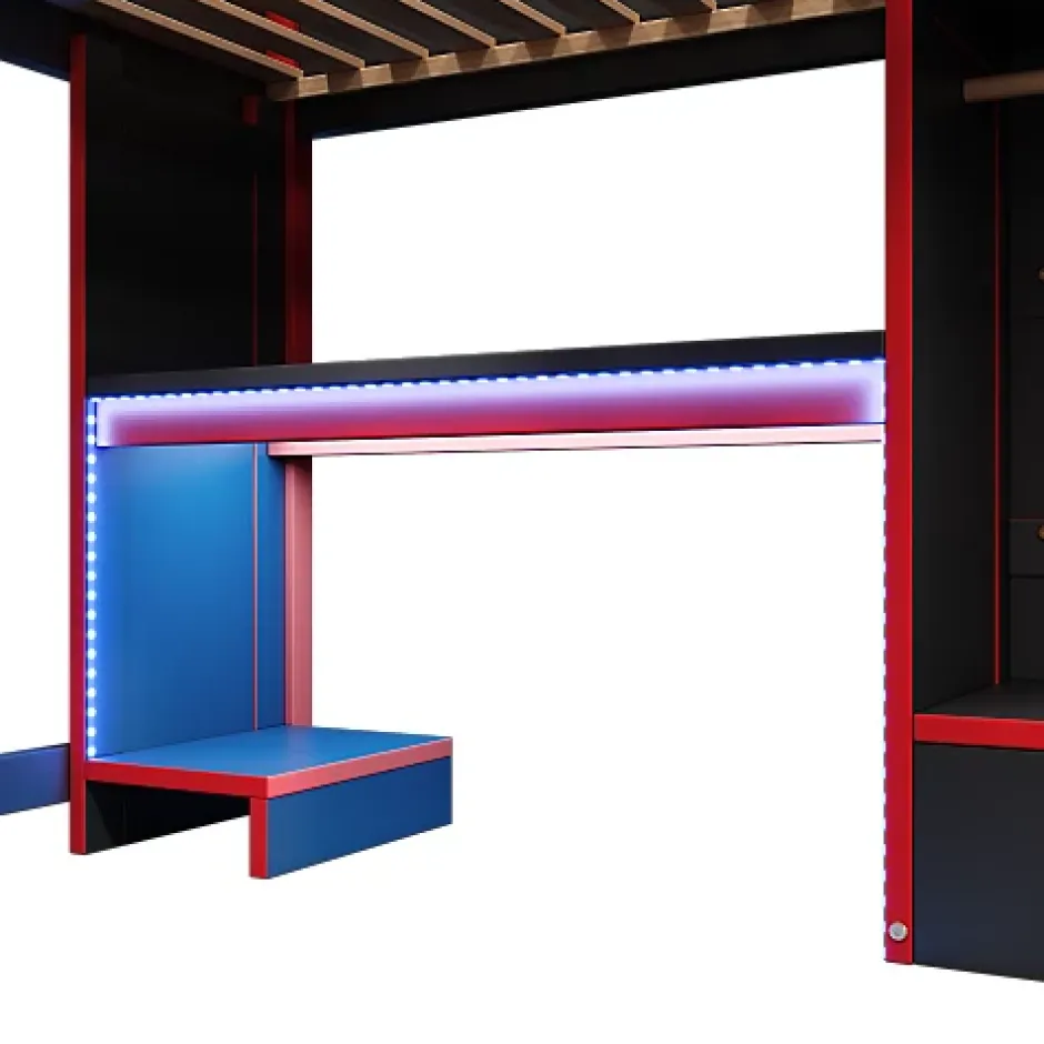 ModernLuxe Lit mezzanine 140x200cm avec LED - avec bureau - avec échelle et armoire - avec 1 tiroir - noir + rouge (matelas non inclus) Outlet