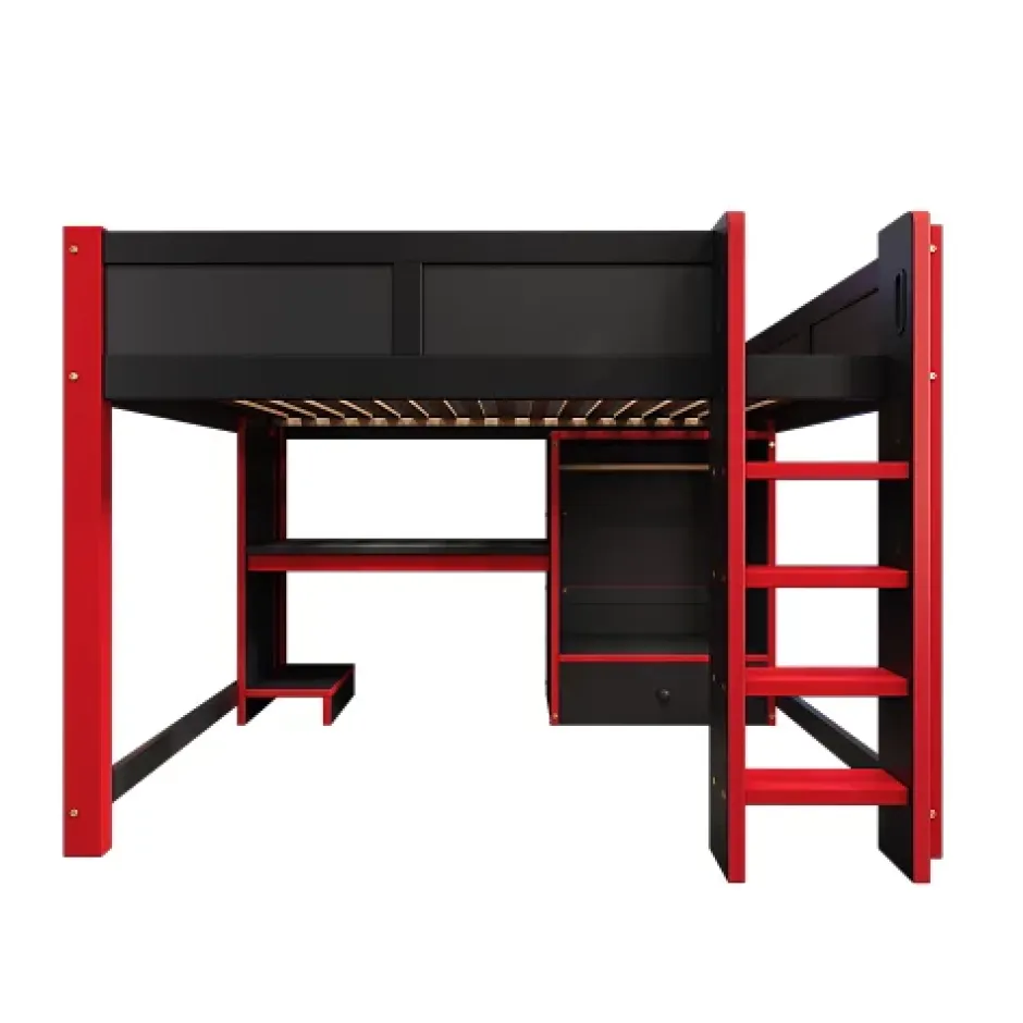 ModernLuxe Lit mezzanine 140x200cm avec LED - avec bureau - avec échelle et armoire - avec 1 tiroir - noir + rouge (matelas non inclus) Outlet