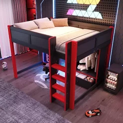 ModernLuxe Lit mezzanine 140x200cm avec LED - avec bureau - avec échelle et armoire - avec 1 tiroir - noir + rouge (matelas non inclus) Outlet