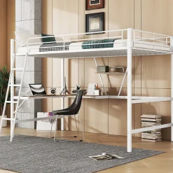 Simple Life Lit mezzanine 90x200cm blanc avec bureau en L et étagère, structure en métal, sans matelas