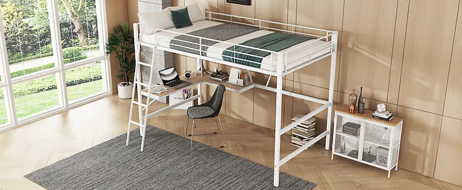 Simple Life Lit mezzanine 90x200cm blanc avec bureau en L et étagère, structure en métal, sans matelas