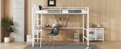 Simple Life Lit mezzanine 90x200cm blanc avec bureau en L et étagère, structure en métal, sans matelas